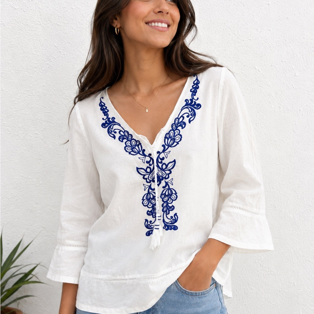 100% LINEN White 3/4sleeves Navy Floral Embroidery V-Neck Tunic L